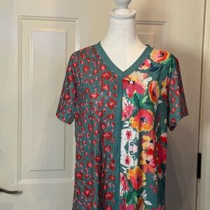 Floral and Leopard Print V-Neck Top